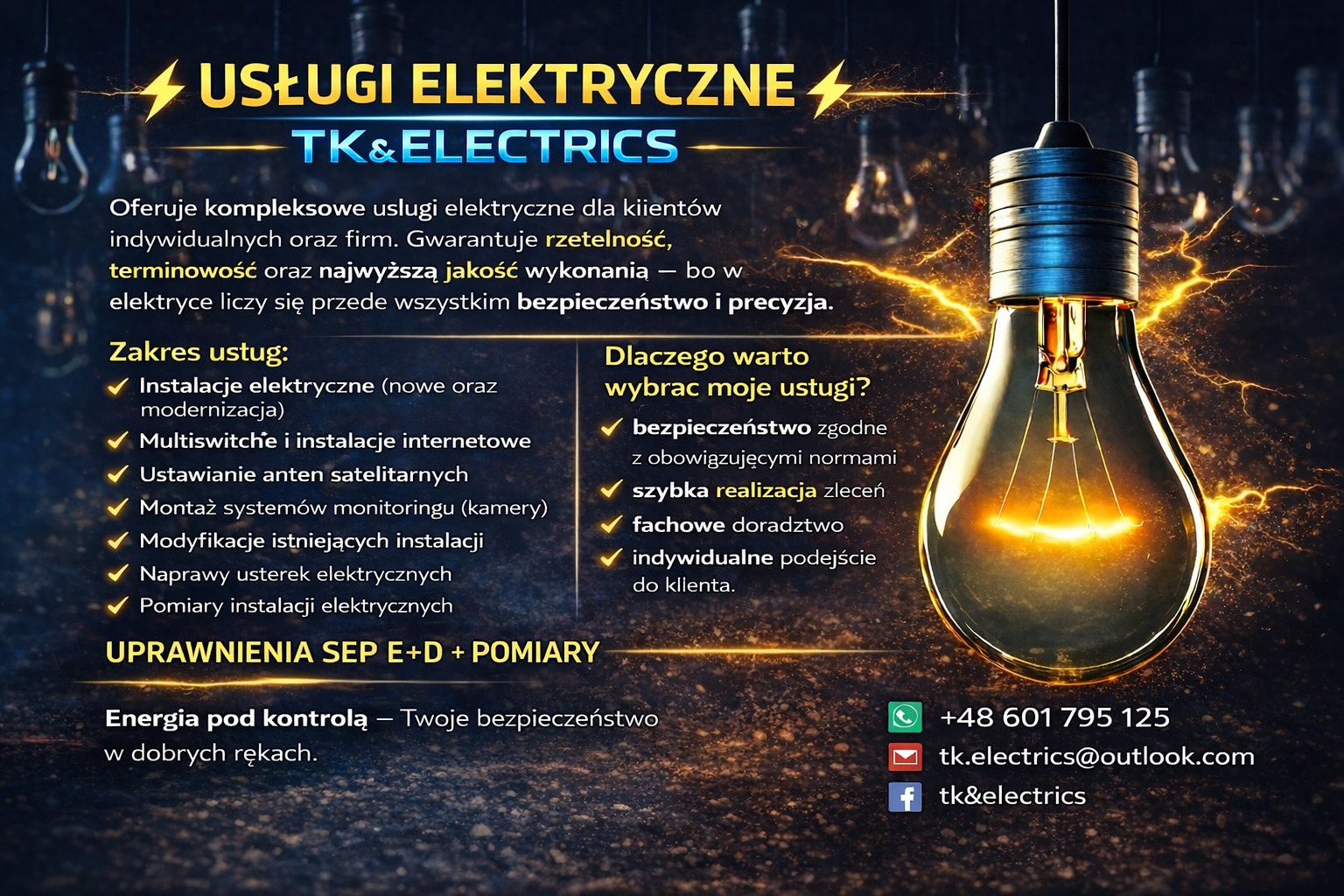 Usługi elektryczne TK&ELECTRICS: instalacje, naprawy, pomiary, montaż systemów monitoringu, multiswitche i instalacje internetowe. Bezpieczeństwo i precyzja.