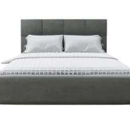 Szare łóżko tapicerowane z pikowanym zagłówkiem i białą pościelą na białym tle.