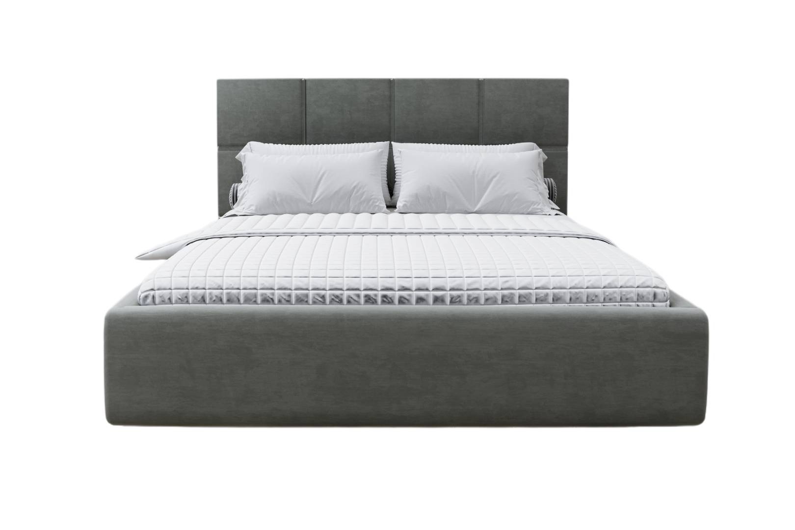 Szare łóżko tapicerowane z pikowanym zagłówkiem i białą pościelą na białym tle.
