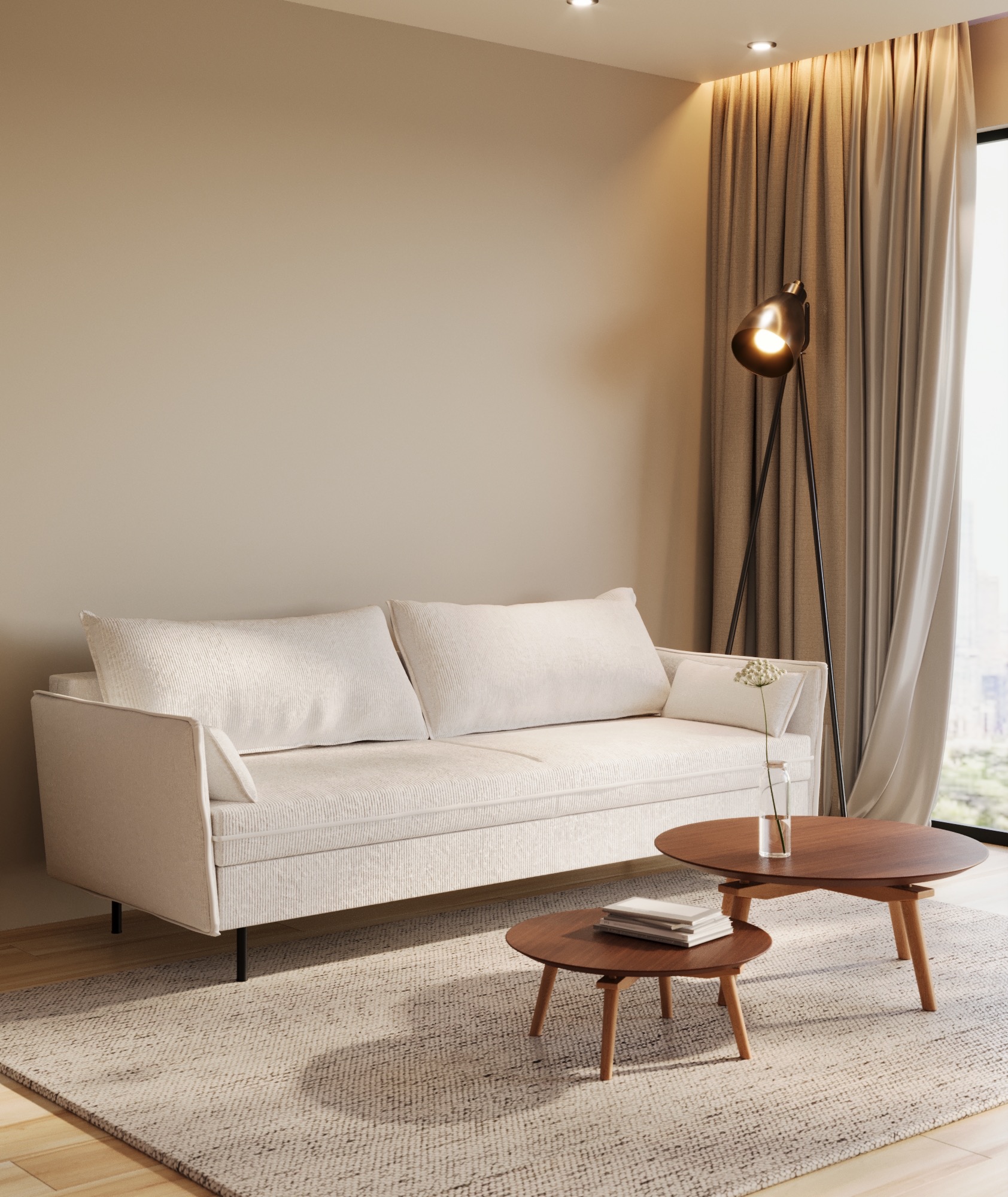 Jasna sofa z poduszkami i dwoma okrągłymi stolikami kawowymi z drewna w minimalistycznym salonie z beżowymi ścianami i zasłonami.