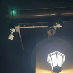 Zewnętrzna lampa w stylu retro oświetlająca fasadę budynku, obok zamontowane dwie kamery monitoringu na rurze, widoczne artefakty obiektywu.