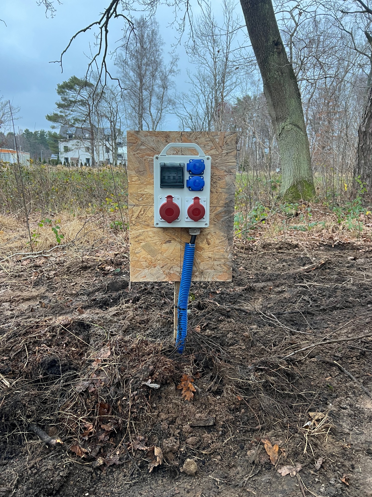 Tymczasowa skrzynka elektryczna z gniazdami siłowymi i zabezpieczeniami, zamontowana na płycie OSB na zewnątrz, w otoczeniu ziemi i drzew.