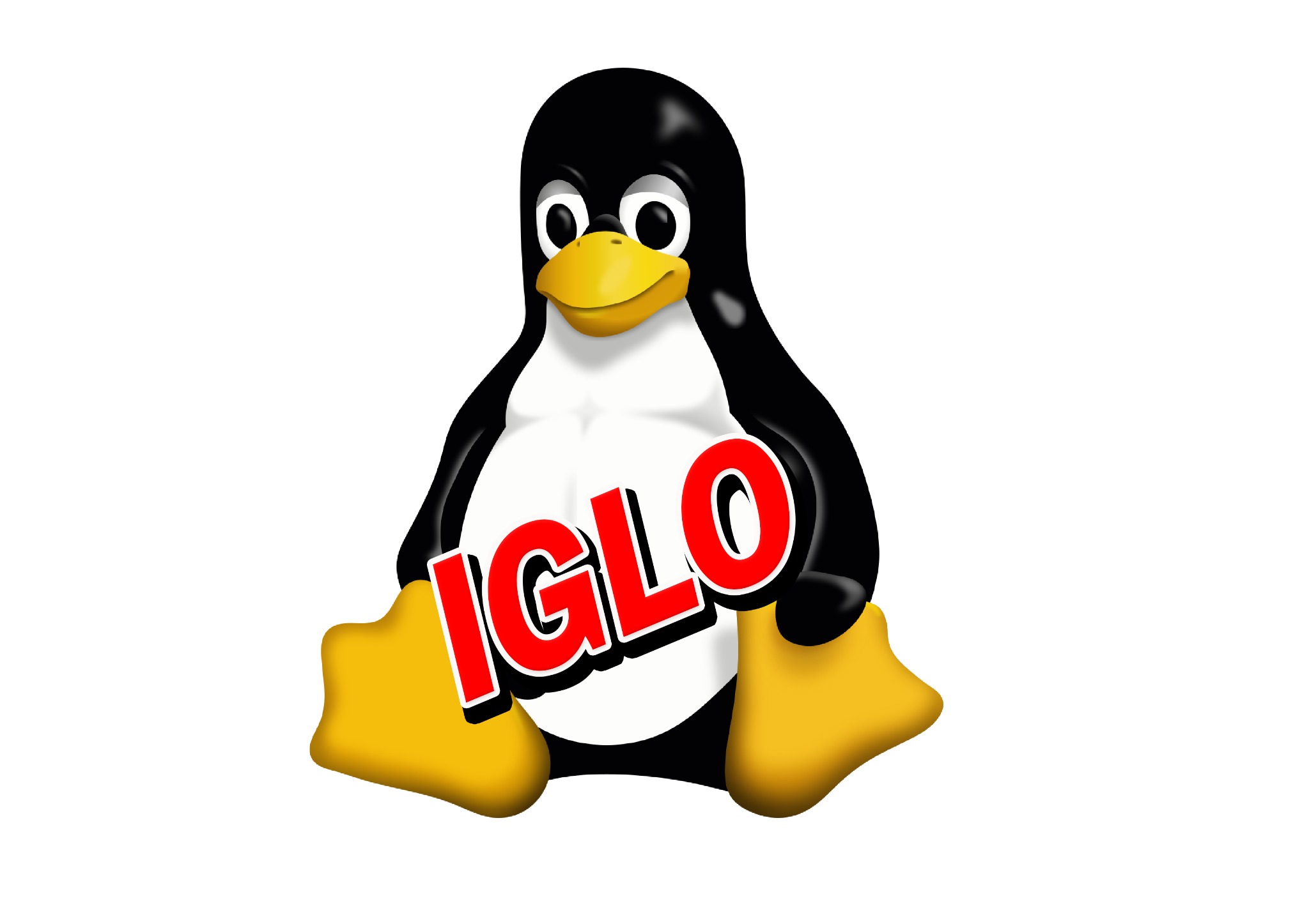 Kreskówkowy pingwin z napisem 'IGLO' na brzuchu, w kolorach czarnym, białym, żółtym i czerwonym, na białym tle.