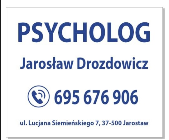 Napis PSYCHOLOG Jarosław Drozdowic z numerem telefonu i adresem w Jarosławiu na białym tle, czcionka w odcieniach niebieskiego.