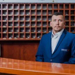 Mężczyzna w niebieskiej marynarce z logo firmy ochroniarskiej 'KONTAKT Ochrona' stojący za recepcją z drewnianymi przegródkami na klucze w tle.