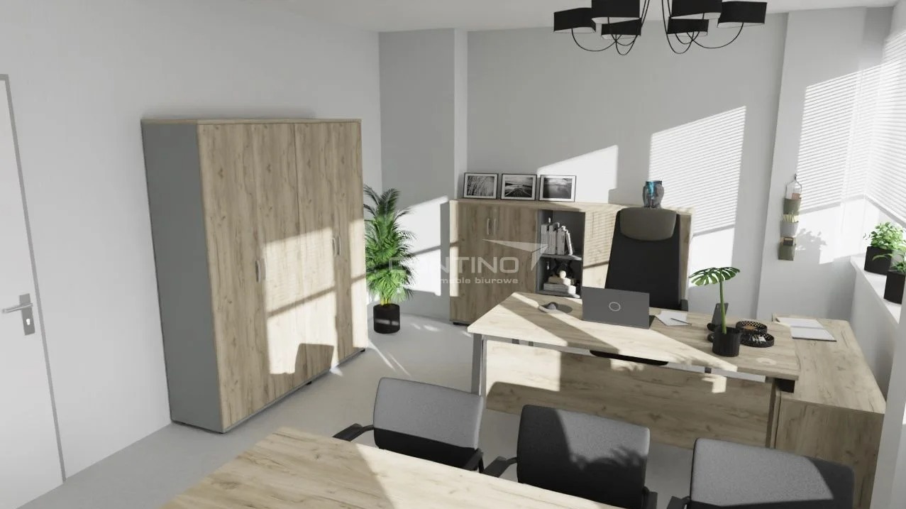 prosty, lekki i nowoczesny gabinet - drewno połączone z nutą gładkiej jasnej szarości