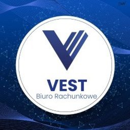 VEST Biuro Rachunkowe - Logo VEST Biuro Rachunkowe na tle gradientu w odcieniach niebieskiego z subtelnymi liniami. W centrum okrąg z granatowym symbolem litery V i nazwą firmy.