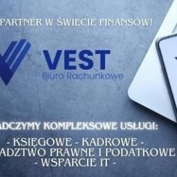 VEST Biuro Rachunkowe - Reklama biura rachunkowego VEST z logo, hasłem 'Twój partner w świecie finansów!' i wyliczeniem usług: księgowe, kadrowe, doradztwo prawne i podatkowe, wsparcie IT.