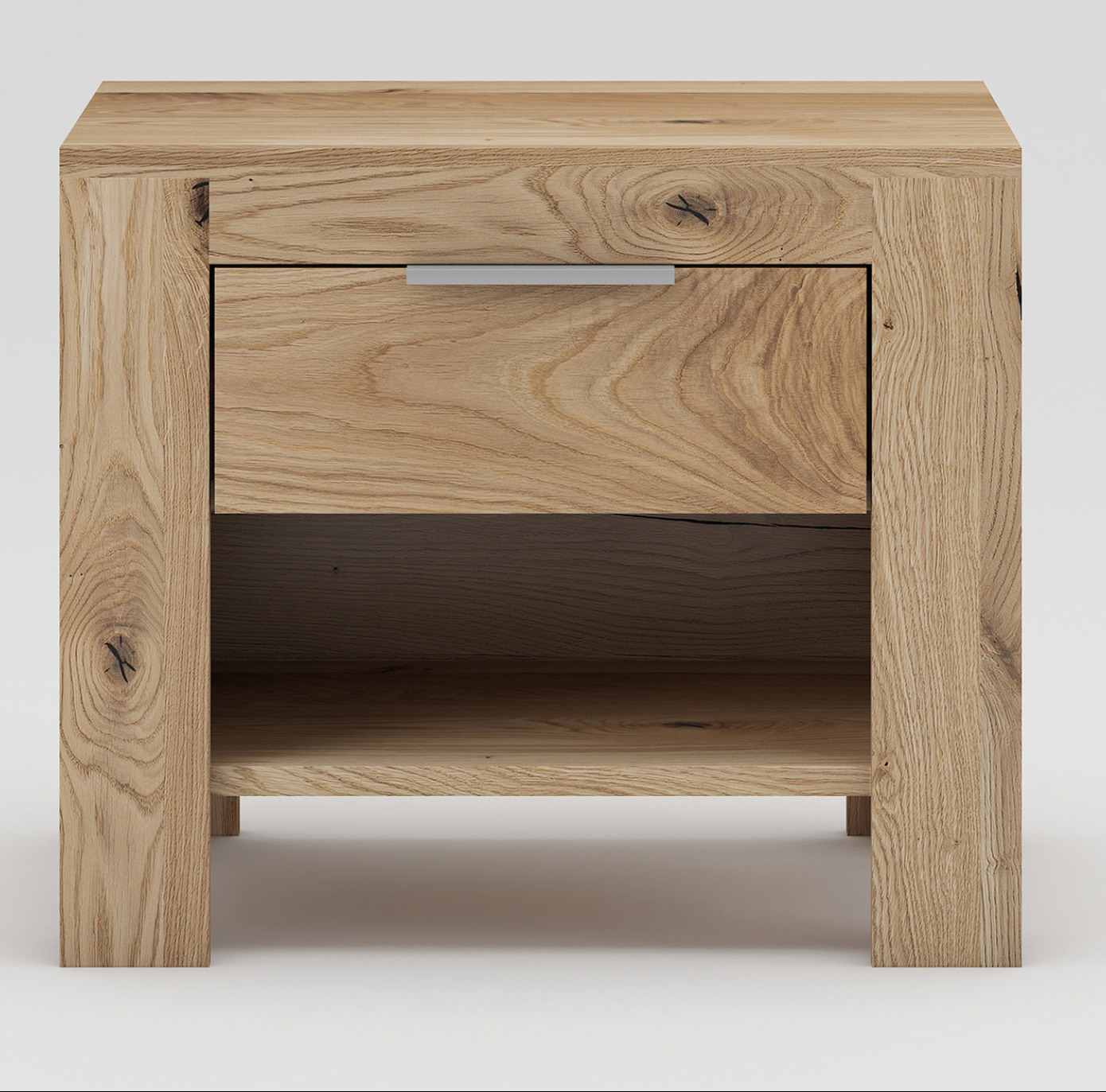 Drewniana szafka nocna z szufladą i półką, widoczna struktura drewna z sękami, minimalistyczny uchwyt, jasne tło.
