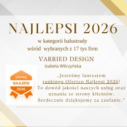 Varried Design Izabela Wilczyńska - Grafika z nagrodą Oferteo Najlepsi 2026 w kategorii balustrady dla firmy VARRIED DESIGN, potwierdzająca jakość usług i uznanie klientów. Minimalistyczny design w odcieniach beżu i złota.