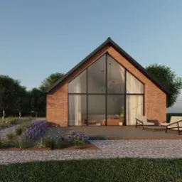 Wizualizacja domu jednorodzinnego z cegły klinkierowej z dużym oknem szczytowym, tarasem i ogrodem z lawendą.