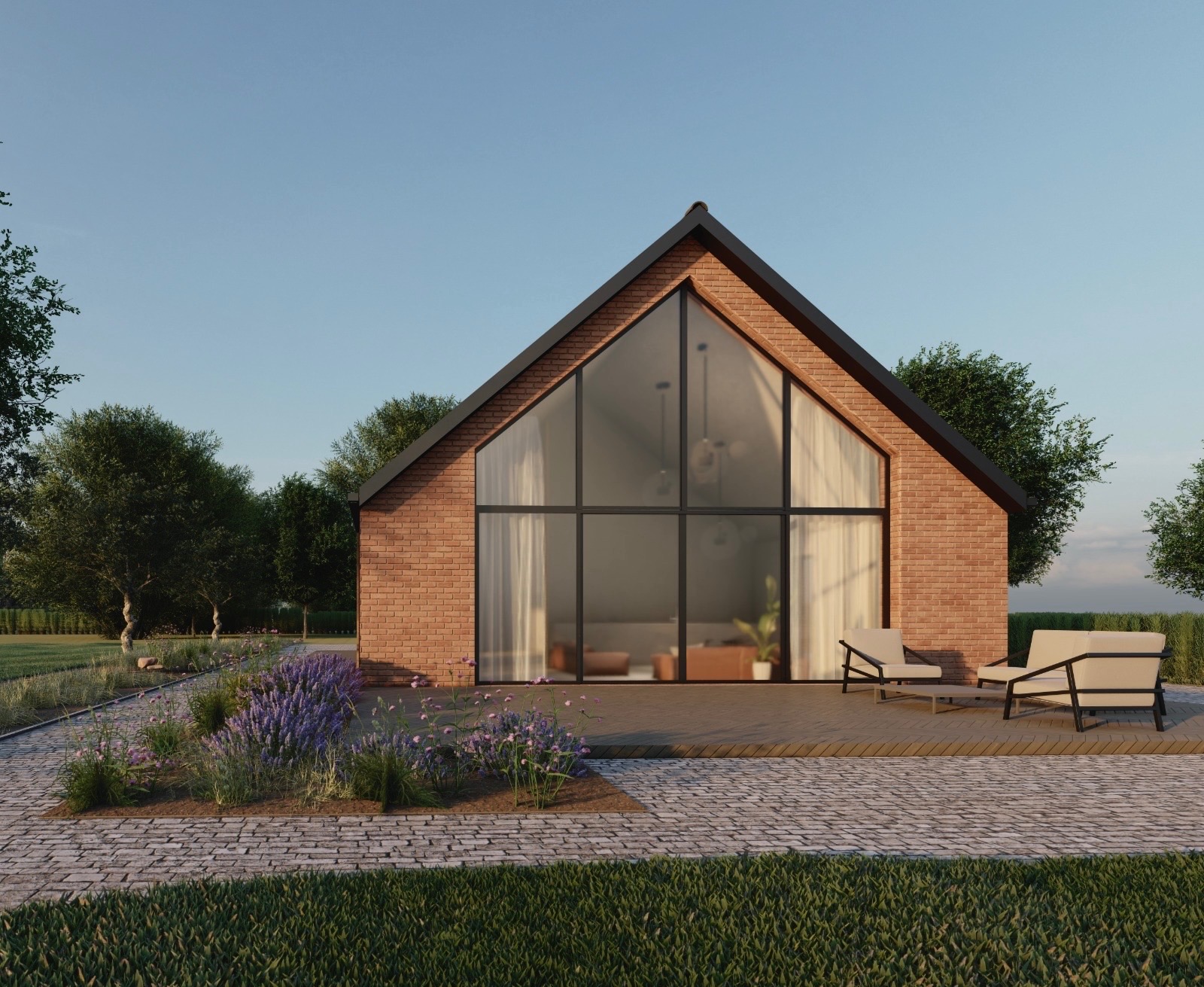 Wizualizacja domu jednorodzinnego z cegły klinkierowej z dużym oknem szczytowym, tarasem i ogrodem z lawendą.