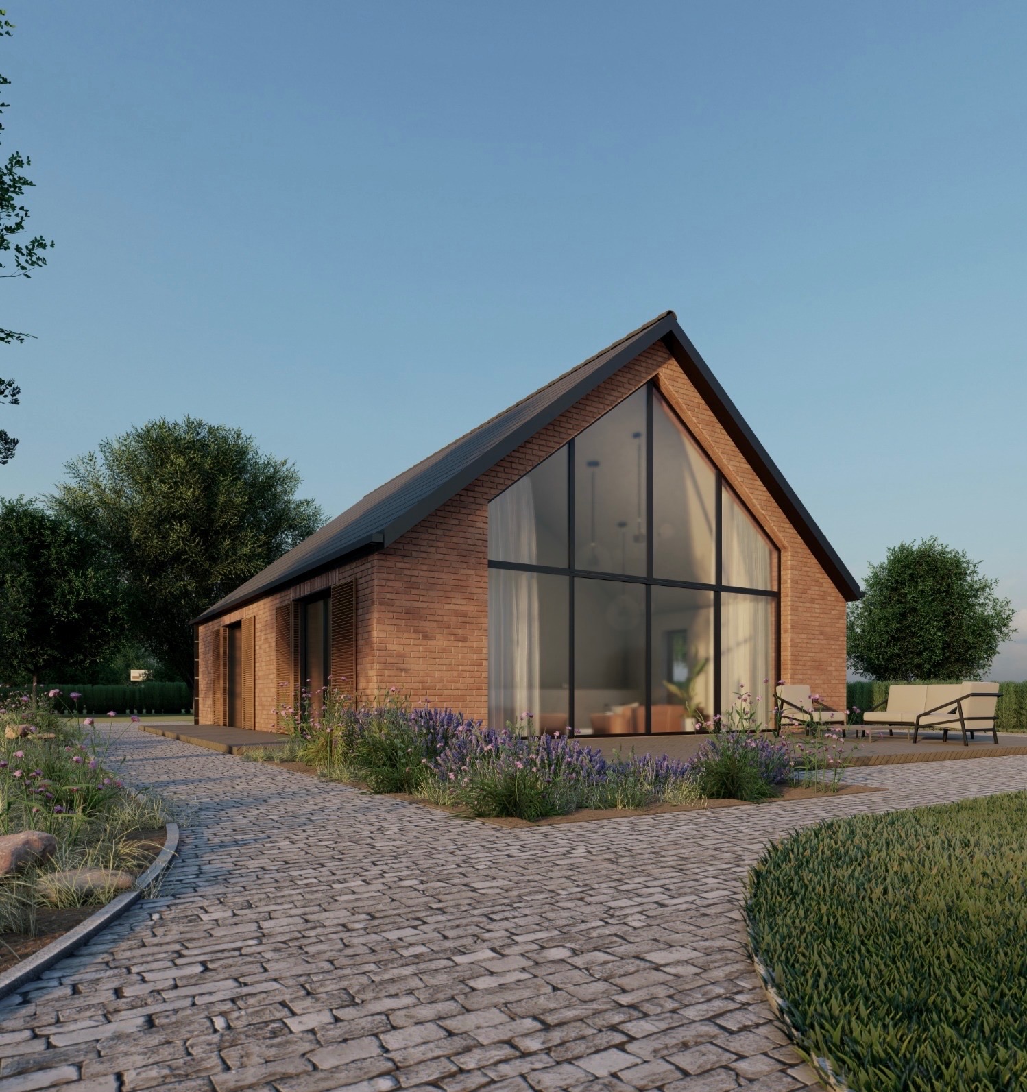 Nowoczesny dom z cegły z dużym oknem szczytowym i brukowaną ścieżką, otoczony zielenią i lawendą.