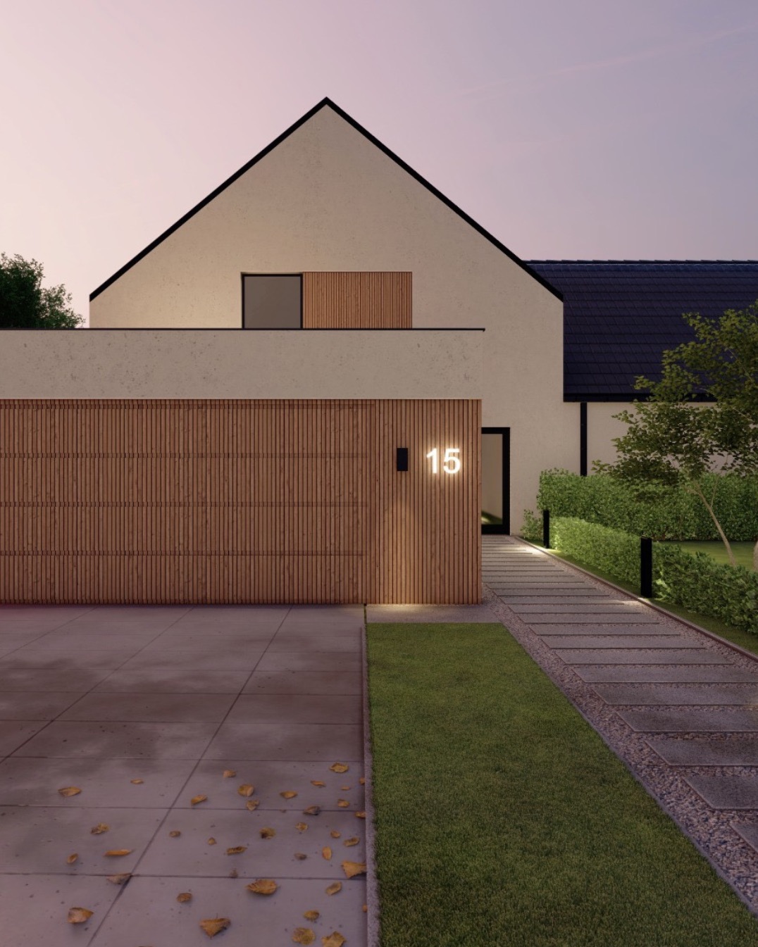 Nowoczesny dom jednorodzinny z płaskim dachem i elewacją z drewnianymi panelami, oświetlony numer domu '15' przy wjeździe do garażu, widok o zmierzchu.