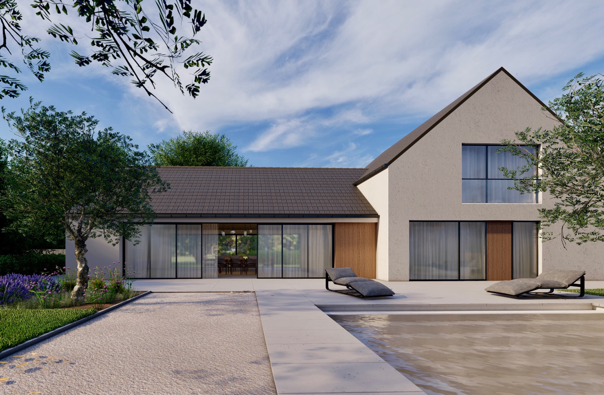 Wizualizacja nowoczesnego domu jednorodzinnego z płaskim dachem, dużymi przeszkleniami i basenem w ogrodzie, z widocznymi leżakami i kwitnącą lawendą.