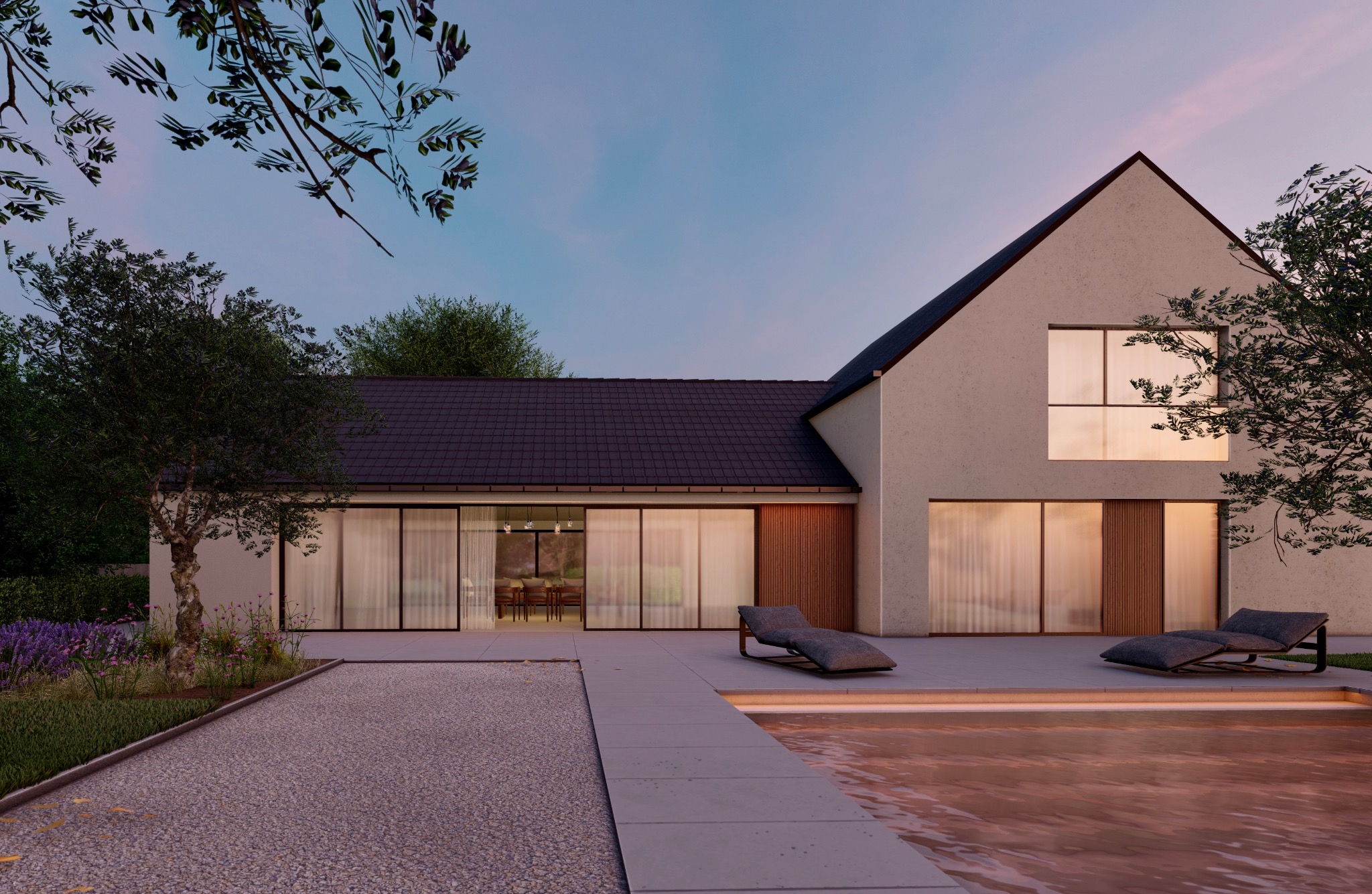 Wizualizacja nowoczesnego domu jednorodzinnego z płaskim dachem, dużymi przesuwnymi oknami i tarasem z leżakami, oświetlonym basenem i żwirowym podjazdem, otoczonego zielenią o zmierzchu.