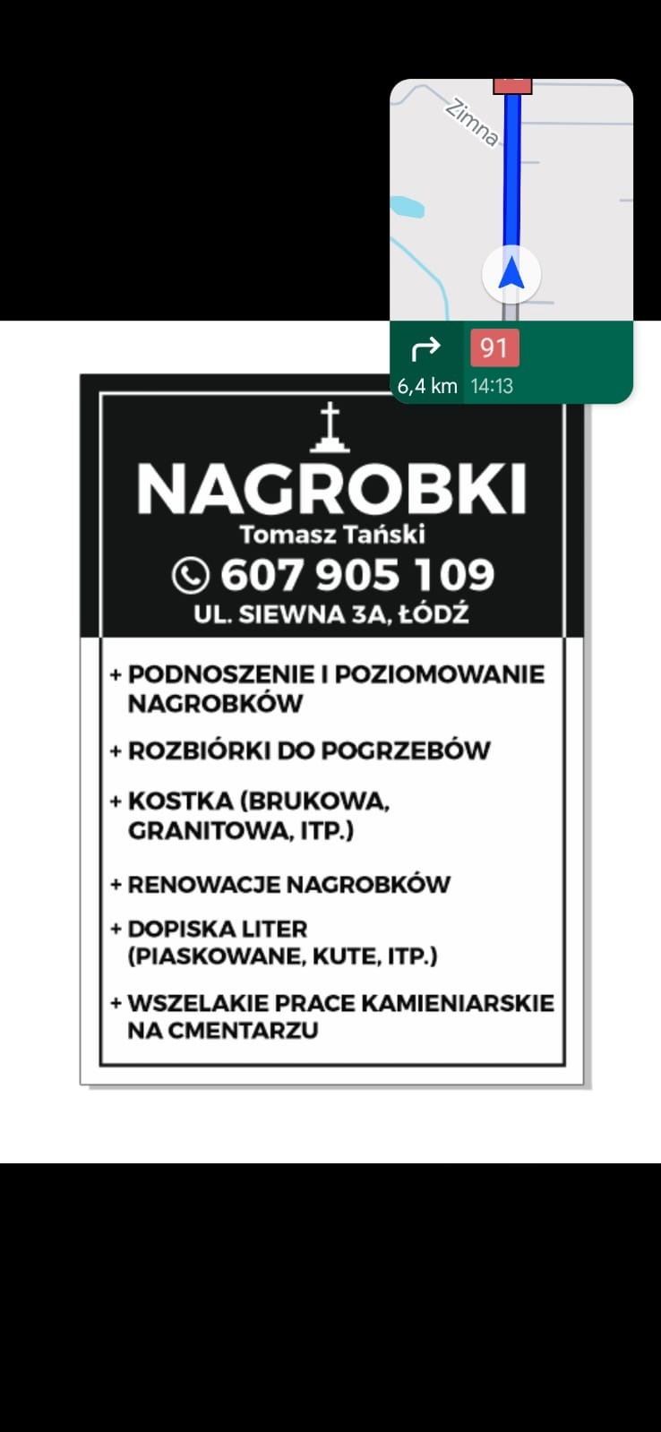 Czarno-biała reklama firmy kamieniarskiej 'Nagrobki Tomasz Tański' z mapą dojazdu, oferującej podnoszenie, rozbiórki, renowacje nagrobków i inne prace kamieniarskie na cmentarzu.