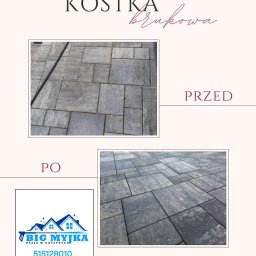 Big Myjka - Porównanie kostki brukowej przed i po czyszczeniu: część zabrudzona, mokra, z widocznymi plamami i część czysta, sucha, z odzyskanym kolorem. W lewym dolnym rogu logo firmy 'BIG MYJKA'.