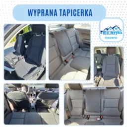 Kolaż zdjęć wnętrza samochodu z czystą, wypraną tapicerką w odcieniach szarości, widoczne fotele przednie i tylne z różnej perspektywy, na górze napis 'WYPRANA TAPICERKA' oraz logo firmy 'BIG MYJKA'.