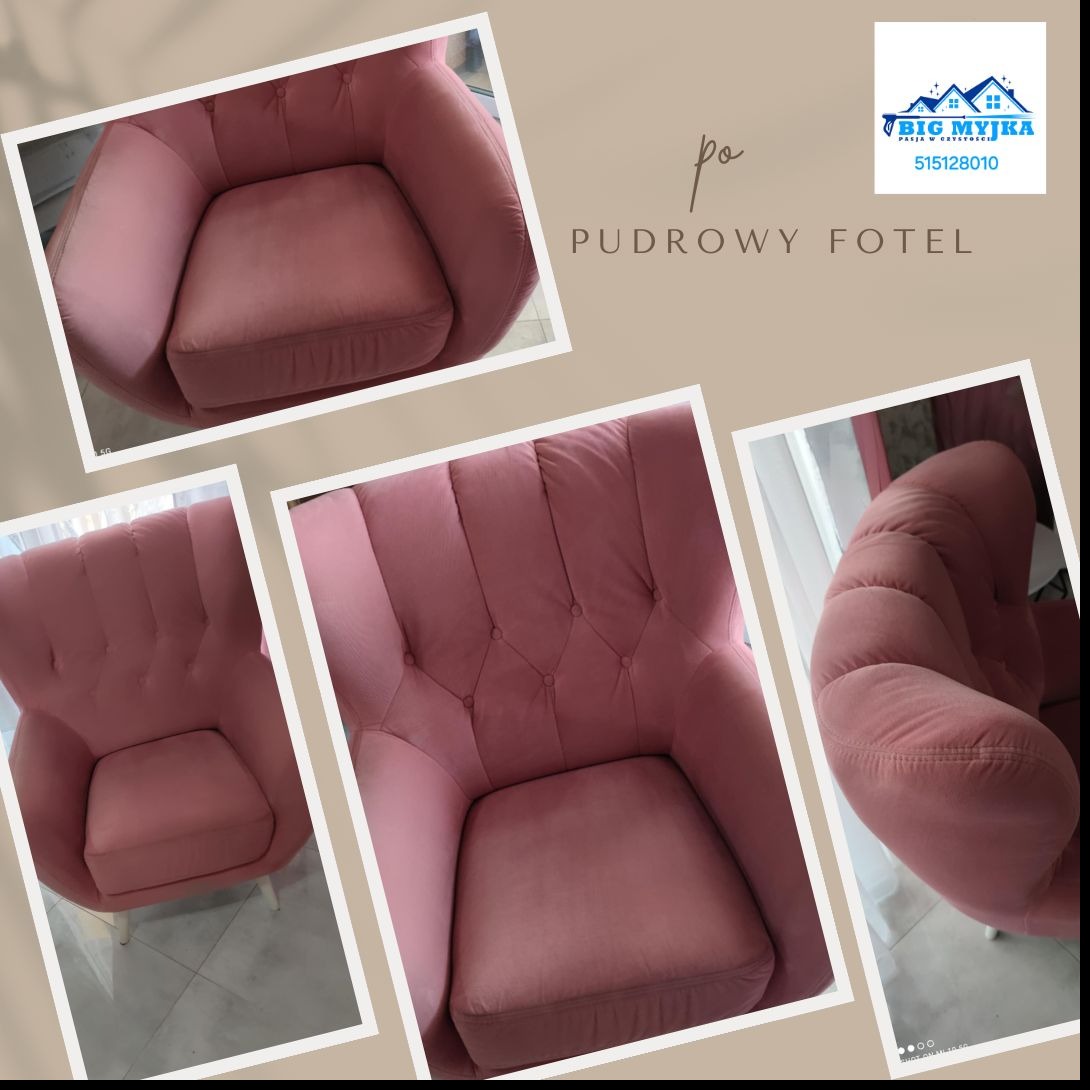 Kolaż zdjęć pudrowego fotela po czyszczeniu przez firmę z Wągrowca, prezentujący detale tapicerki i ogólny wygląd.