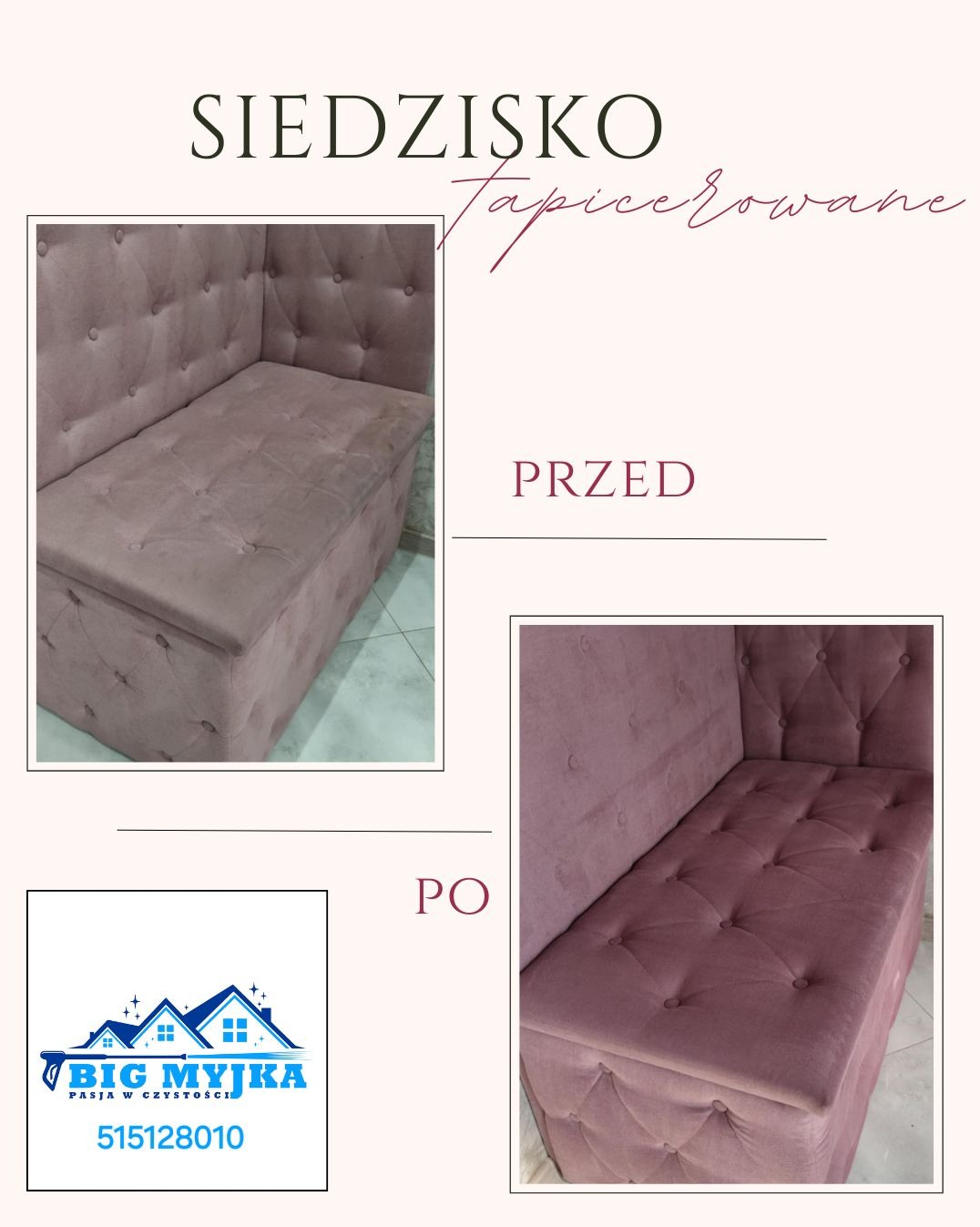 Tapicerowane siedzisko narożne, porównanie przed i po czyszczeniu, widoczne różnice w odcieniu i czystości materiału, logo firmy czyszczącej w lewym dolnym rogu.