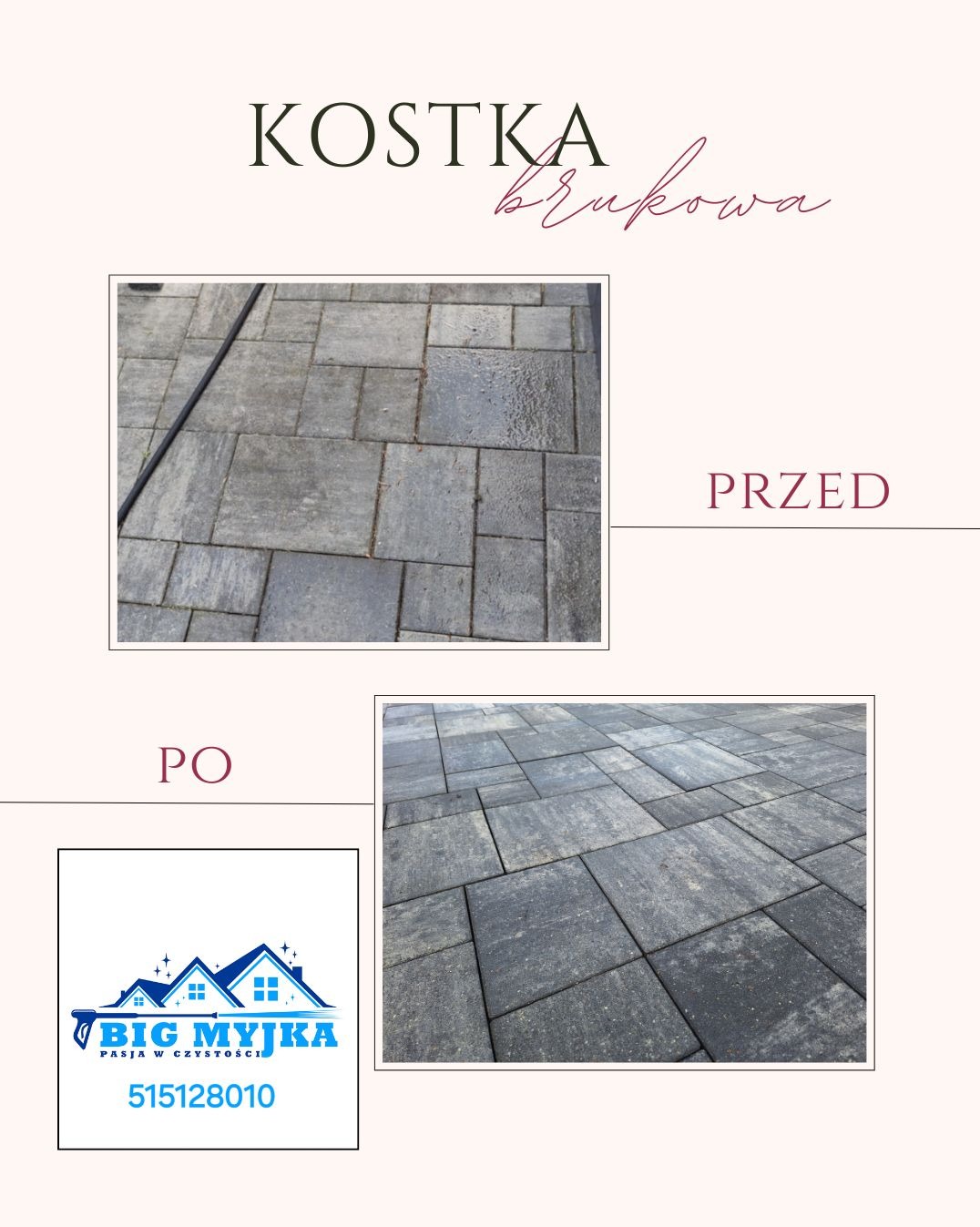 Porównanie kostki brukowej przed i po czyszczeniu: część zabrudzona, mokra, z widocznymi plamami i część czysta, sucha, z odzyskanym kolorem. W lewym dolnym rogu logo firmy 'BIG MYJKA'.