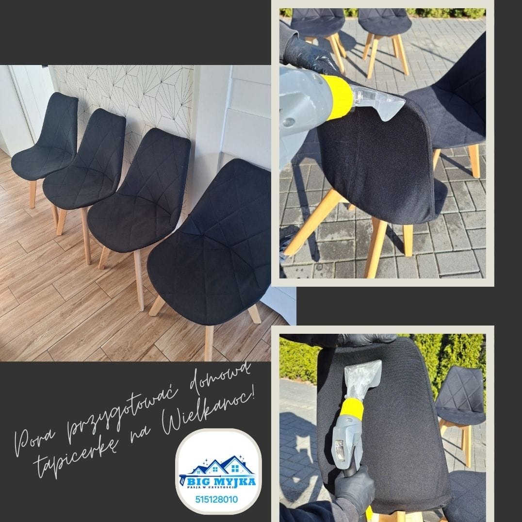 Czyszczenie tapicerki krzesła ciemnym odkurzaczem piorącym z żółtą końcówką, widoczne inne krzesła w tle, kolaż zdjęć z logo firmy.