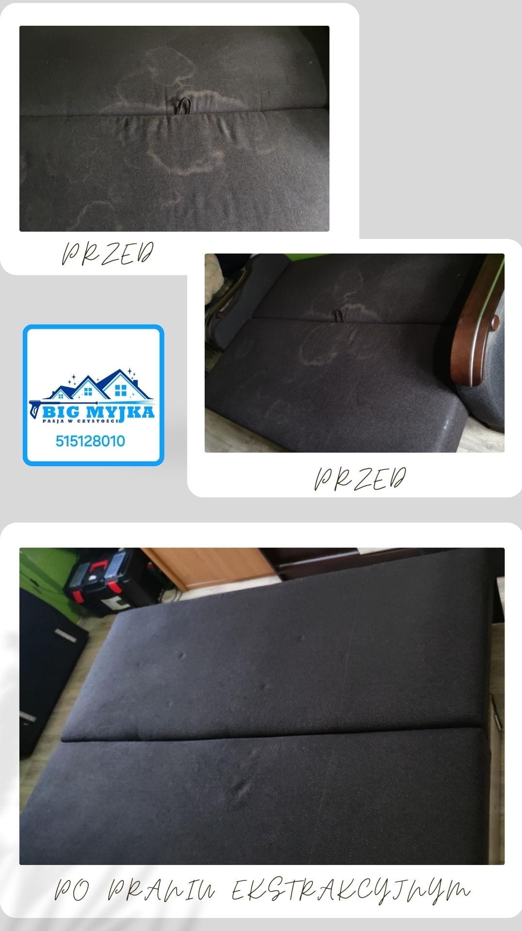 Porównanie: fragment ciemnej kanapy z widocznymi plamami 'przed' i wyczyszczony fragment 'po praniu ekstrakcyjnym', obok logo firmy sprzątającej.