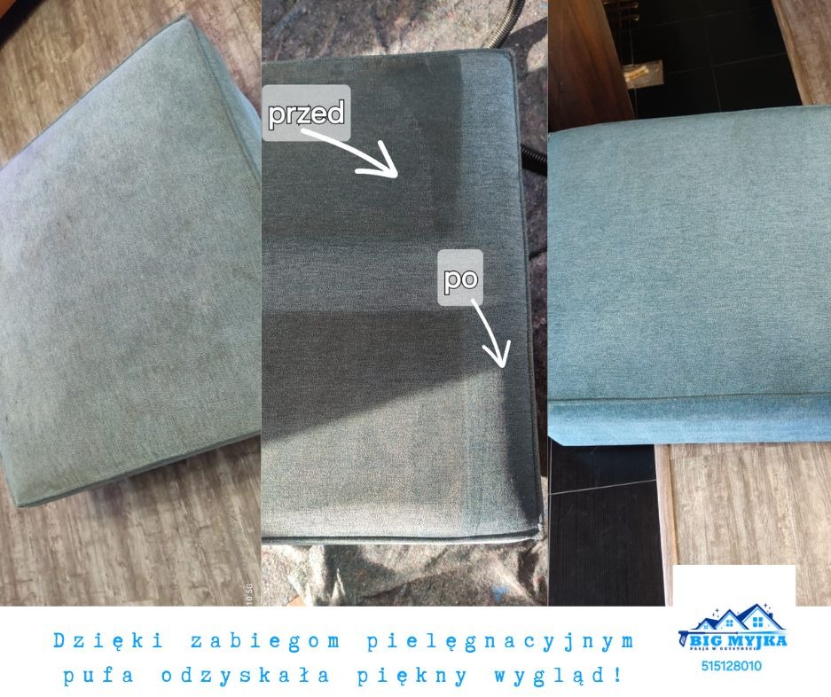 Pufa tapicerowana, widok przed i po czyszczeniu, z widoczną różnicą w kolorze i czystości materiału.