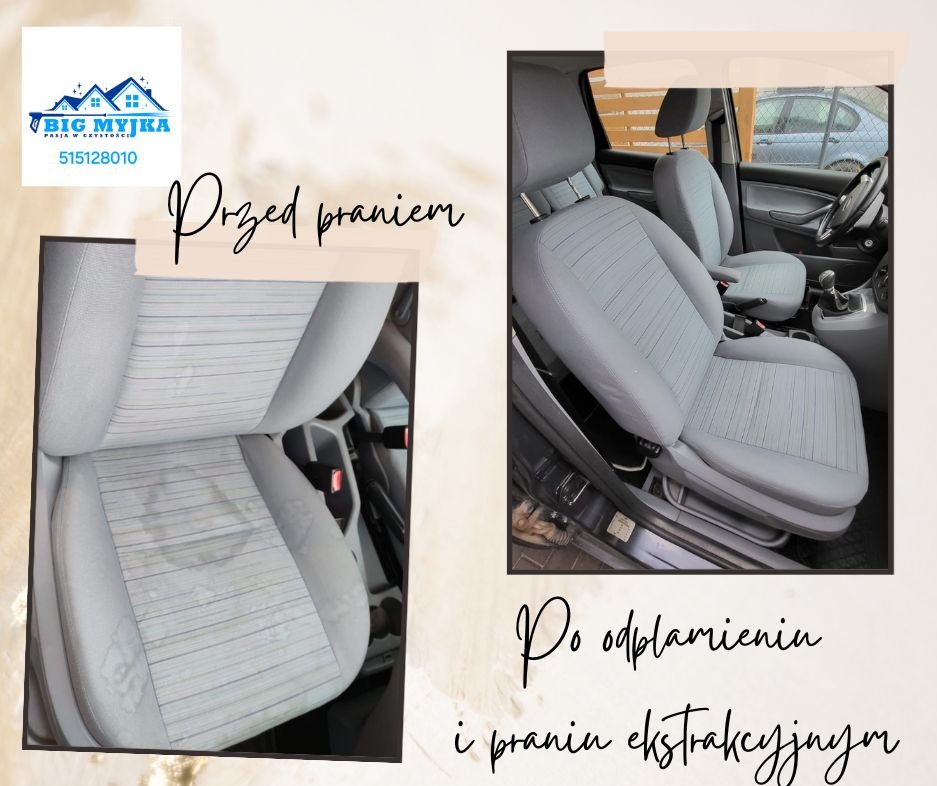 Porównanie foteli samochodowych przed i po odplamianiu oraz praniu ekstrakcyjnym, widoczne różnice w czystości tapicerki.