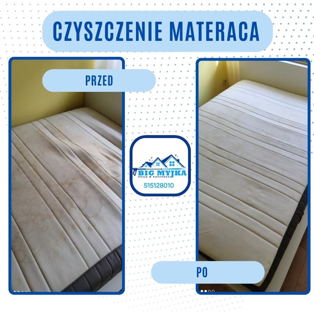 Materac na łóżku: po lewej stronie widoczne silne zabrudzenia, po prawej materac po czyszczeniu, z logo firmy w centrum.