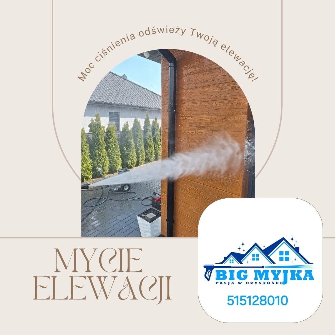 Grafika reklamowa prezentująca strumień wody pod ciśnieniem skierowany na drewnianą elewację domu, z widocznym sprzętem do czyszczenia i logo firmy 'Big Myjka' w prawym dolnym rogu.