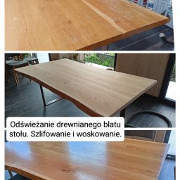 Piękny stół, ale podobnie jak blaty drewniane wymaga okresowych zabiegów pielęgnacyjnych.
Tym razem było:
- szlifowanie 
- czyszczenie
- woskowanie twardym woskiem olejnym Osmo