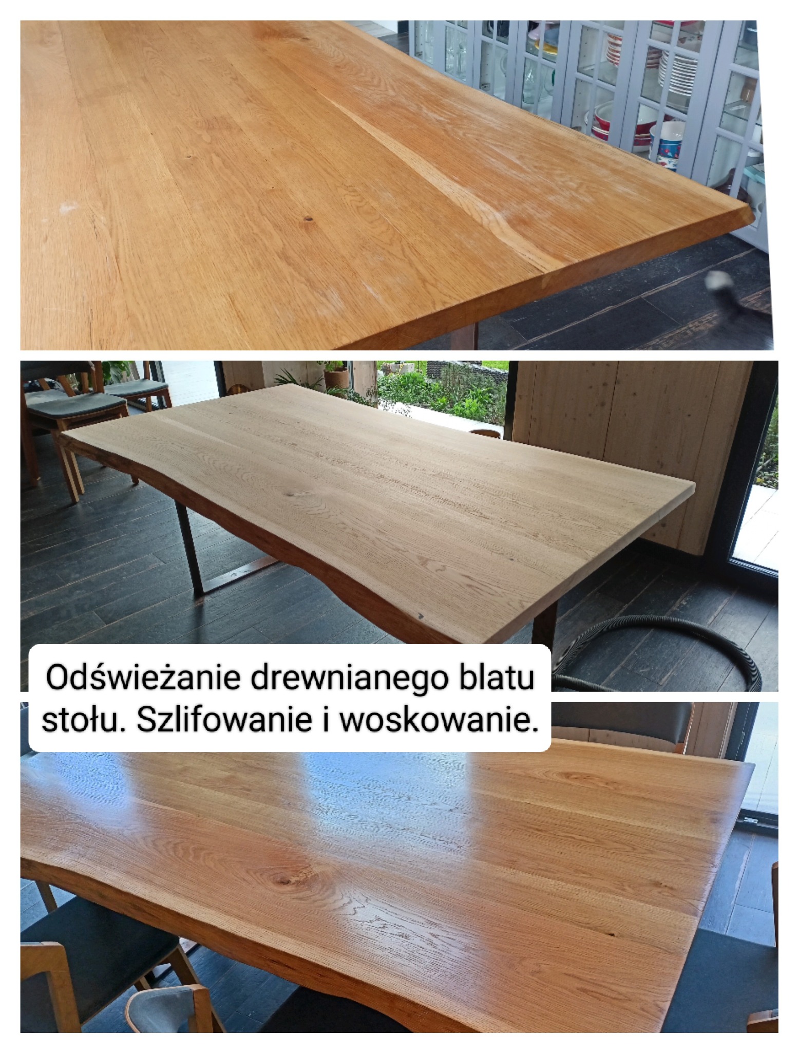 Drewniany blat stołu w trzech odsłonach: przed szlifowaniem, po szlifowaniu i po woskowaniu. Widoczne detale usłojenia i wykończenia.