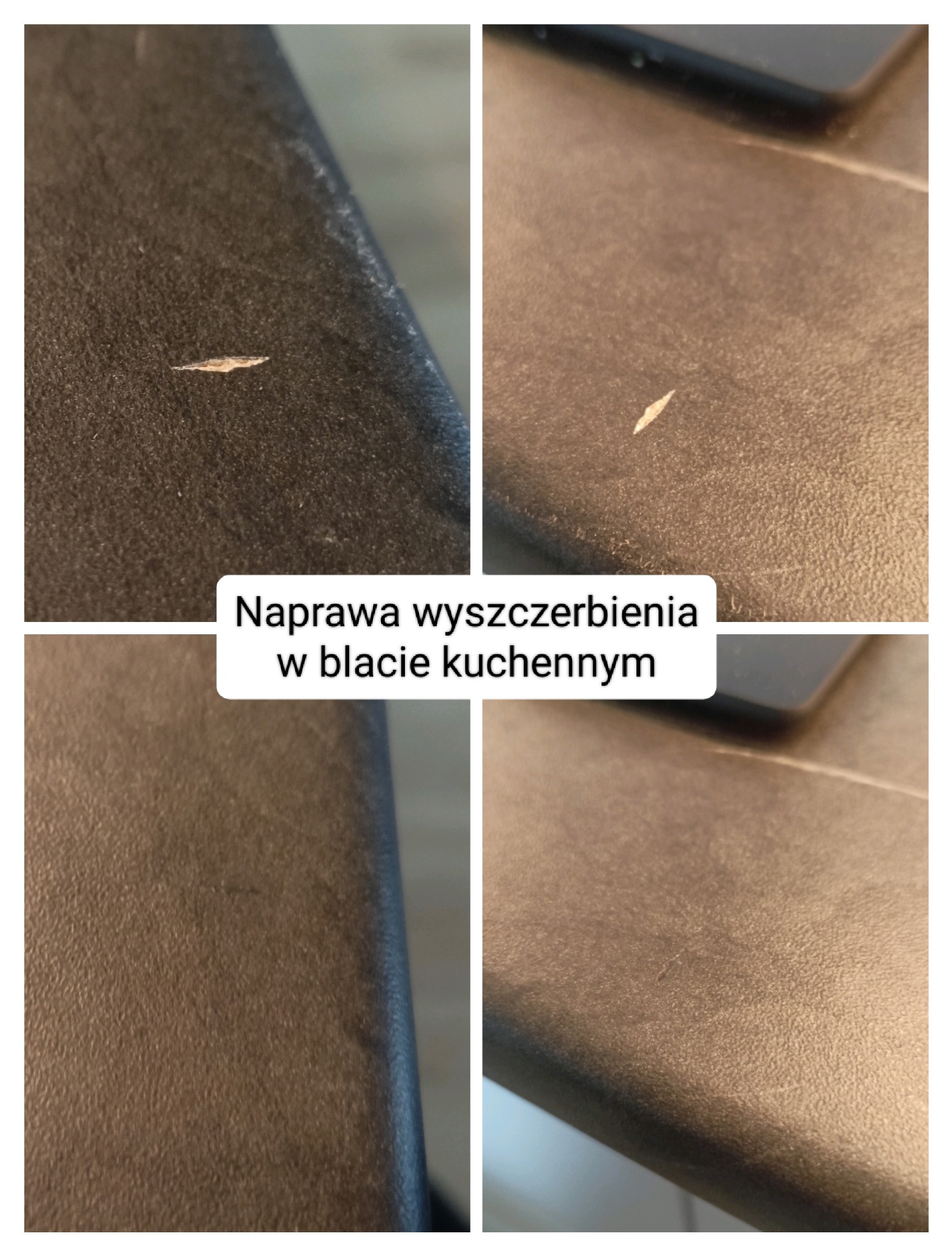 Czteropanelowe zbliżenie na naprawiony, ciemny blat kuchenny. Drobne uszkodzenie wypełnione, powierzchnia gładka i jednolita. Widoczne detale tekstury blatu.