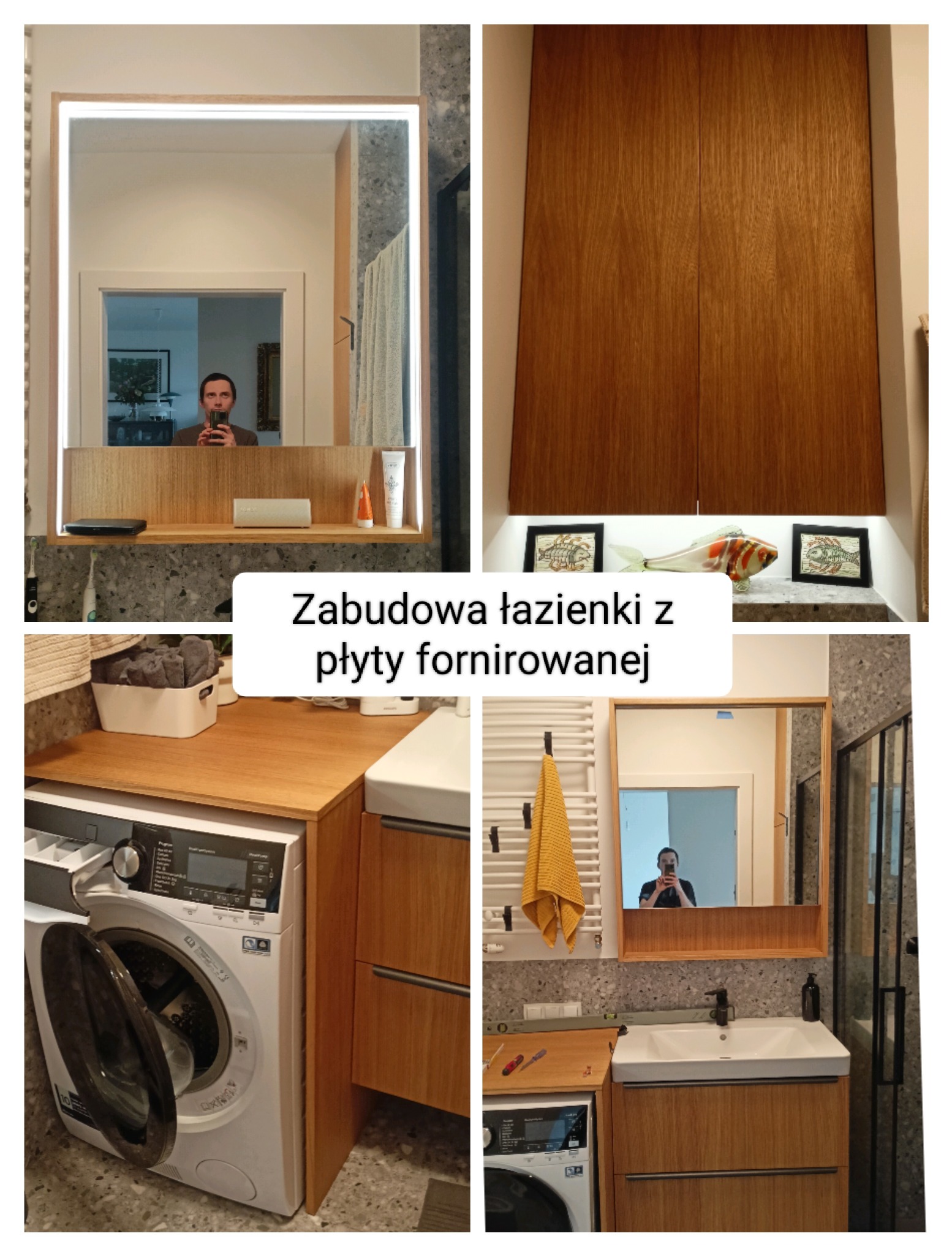 Zabudowa łazienki z forniru: szafki nad pralką, lustro z podświetleniem LED, szafka pod umywalką z szufladami. Widoczna pralka z otwartymi drzwiami i akcesoria łazienkowe.