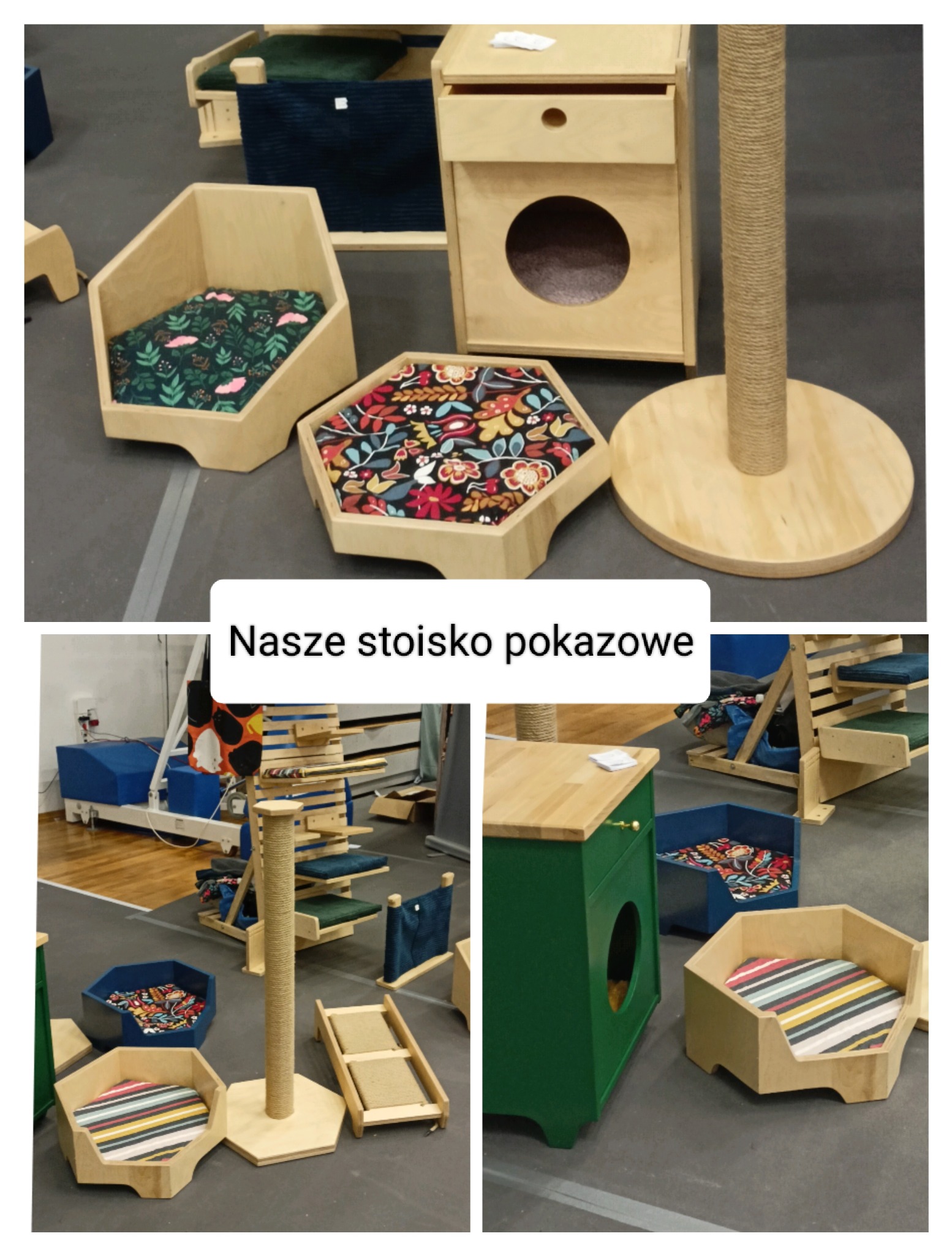 Kocie meble na targach: drapak sizalowy, budka z otworem, legowiska z wzorzystymi poduszkami. Prezentacja kociego wyposażenia, różne kolory i materiały.