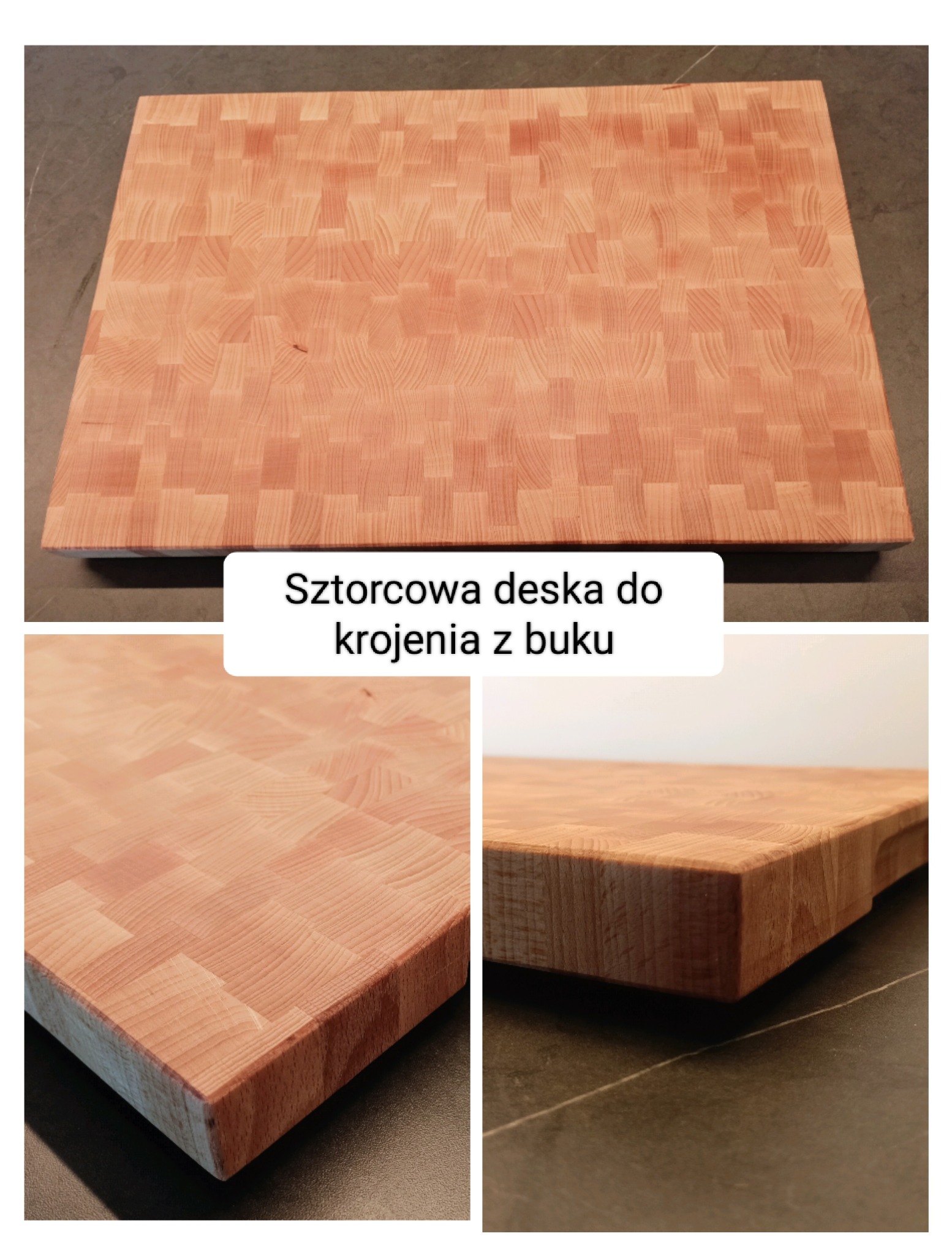 Bukowa deska do krojenia, klejona z drewnianych kostek, ukazana z trzech perspektyw. Widoczny wzór drewna i solidne wykonanie. Blat kamienny w tle.