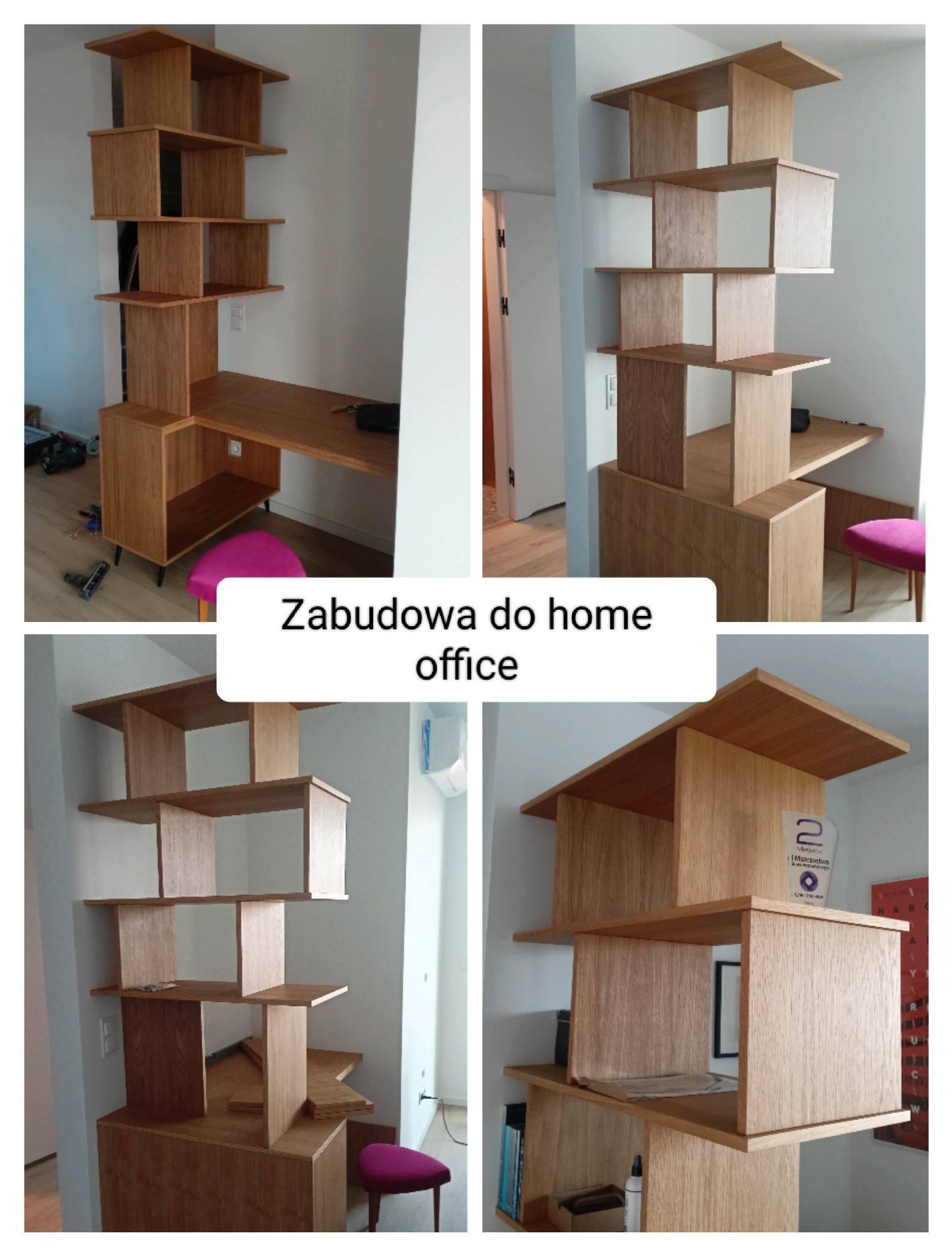 Ręcznie robiona, fornirowana dębem zabudowa biurka i regału z półkami w nowoczesnym stylu, bez widocznych łączników. Widoczne narzędzia i akcesoria biurowe.