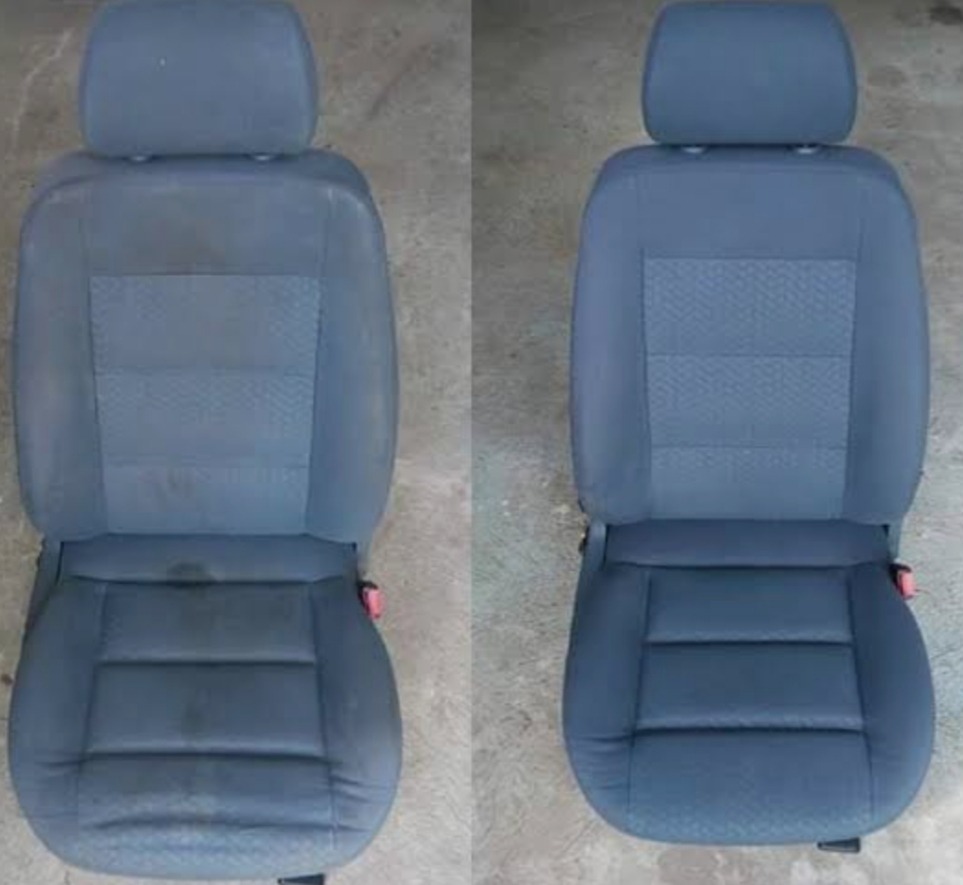 Tapicerka samochodowa przed i po czyszczeniu: po lewej stronie widoczne plamy i zabrudzenia, po prawej czyste, odświeżone siedzenie. Efekt prania tapicerki.