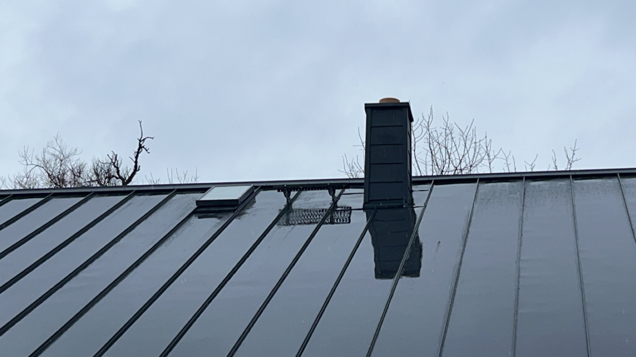 Błyszczący, grafitowy dach z blachy na rąbek stojący, z kominem i oknem dachowym, widok na tle pochmurnego nieba i gałęzi drzew.