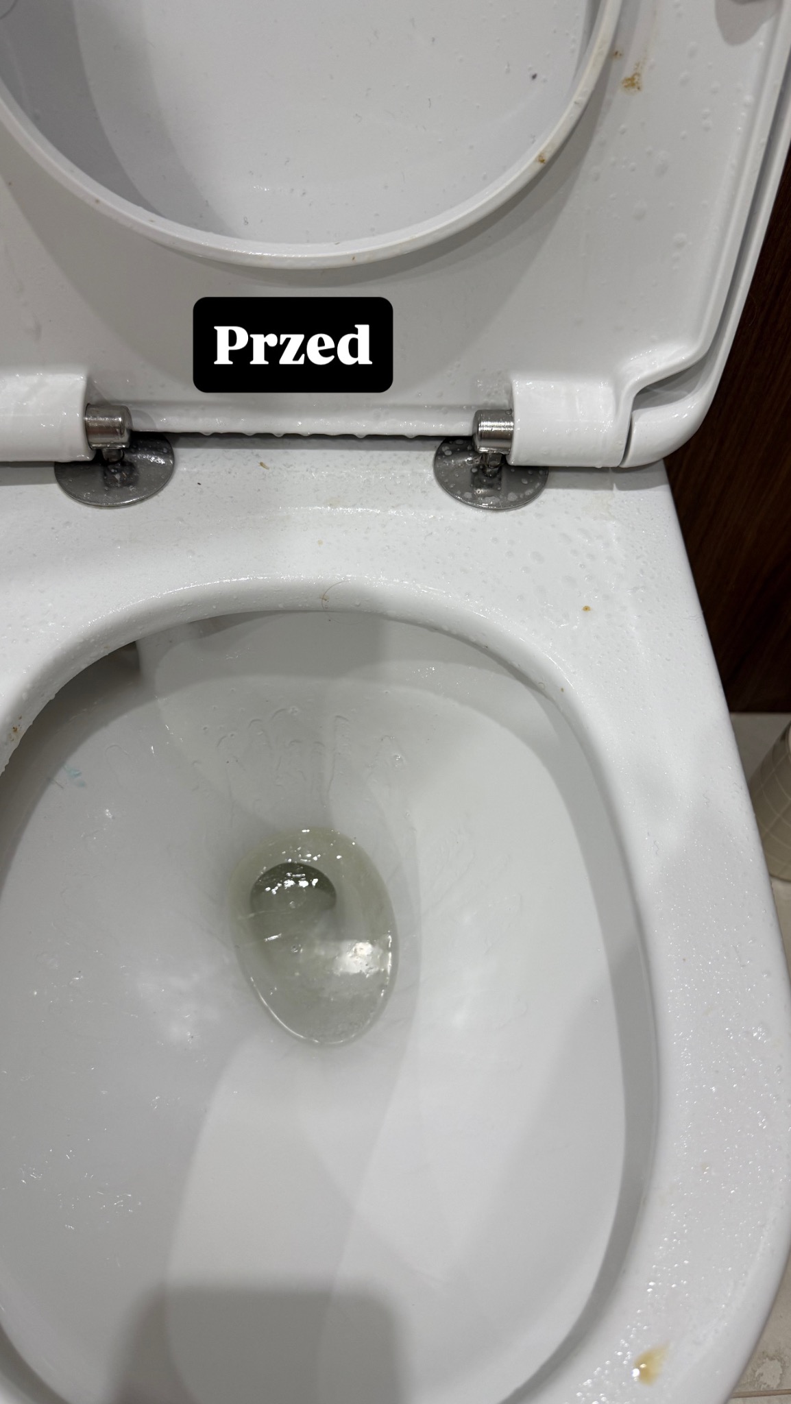 Zdjęcie toalety przed czyszczeniem, widoczne zabrudzenia i osad. Ujęcie z góry, z otwartą klapą. Na zdjęciu widnieje napis 'Przed'.