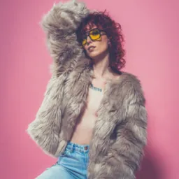 Kobieta z rudymi kręconymi włosami w futrzanym płaszczu i żółtych okularach, pozująca na tle różowej ściany, z tatuażem na dekolcie.