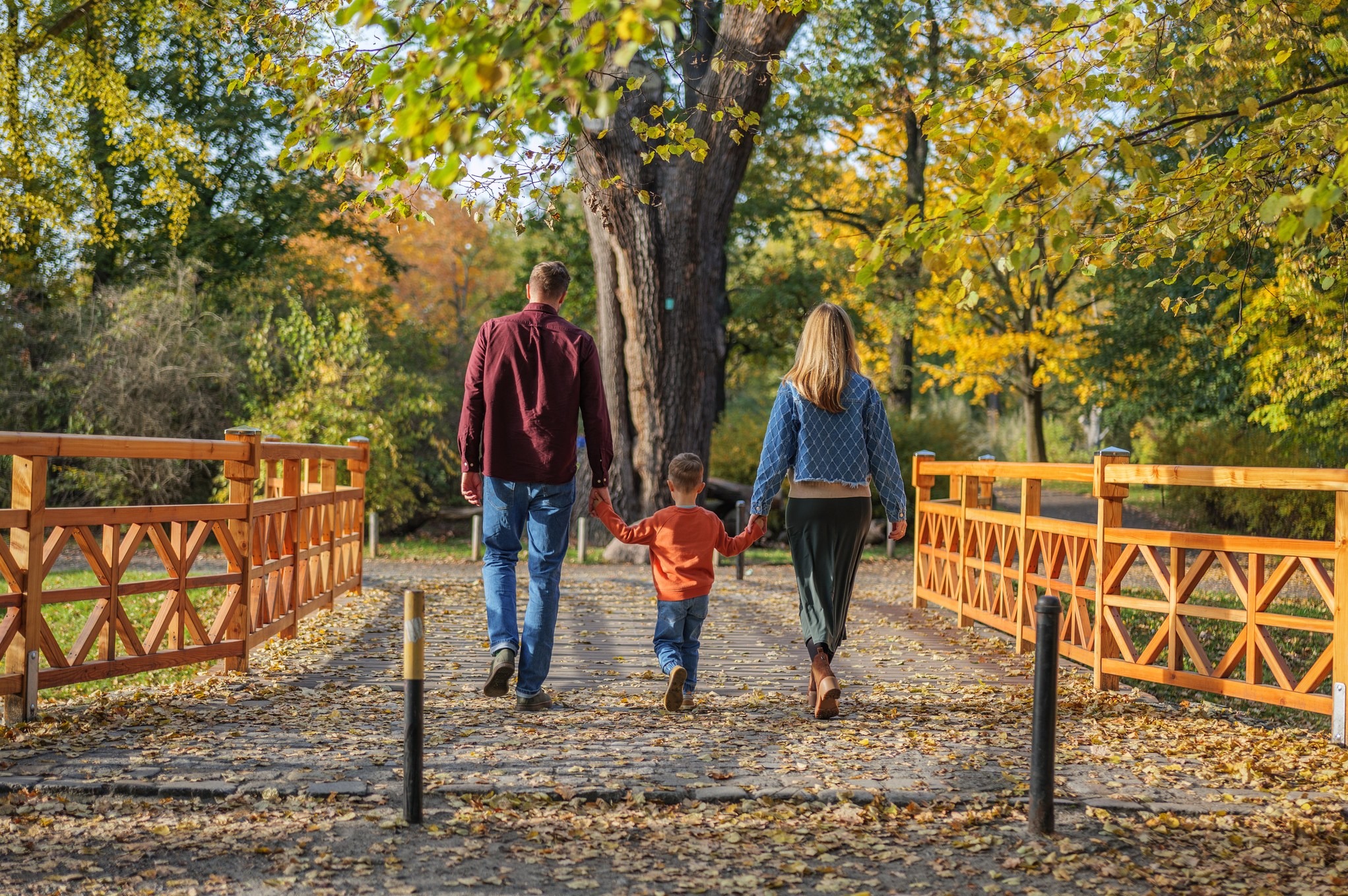Rodzina spaceruje po drewnianym moście w jesiennym parku, widok z tyłu, liście na ziemi, duże drzewo w tle.
