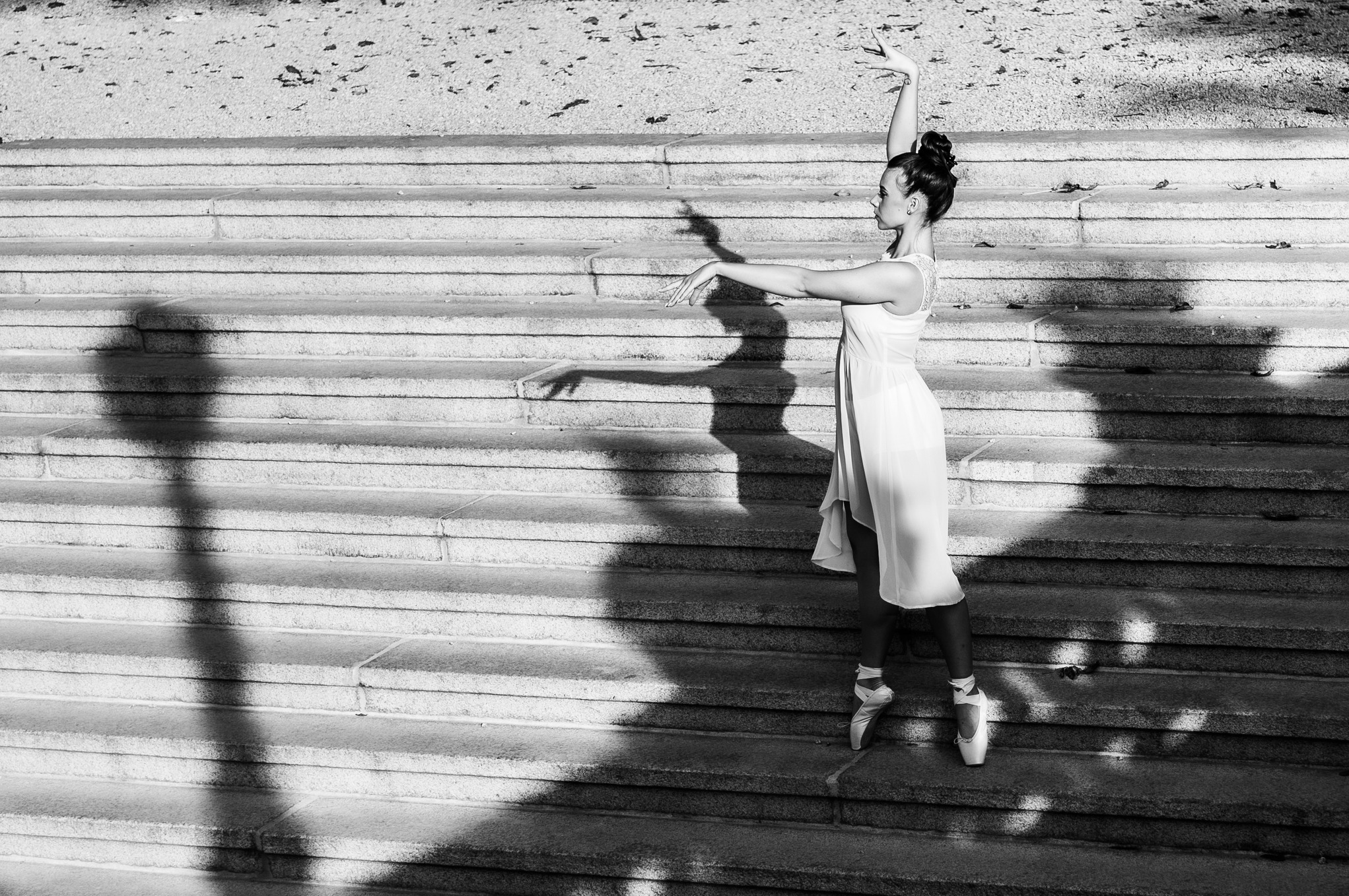 Czarno-białe zdjęcie baleriny w zwiewnej sukience, pozującej na kamiennych schodach, z wyraźnym cieniem rzucanym przez jej sylwetkę.