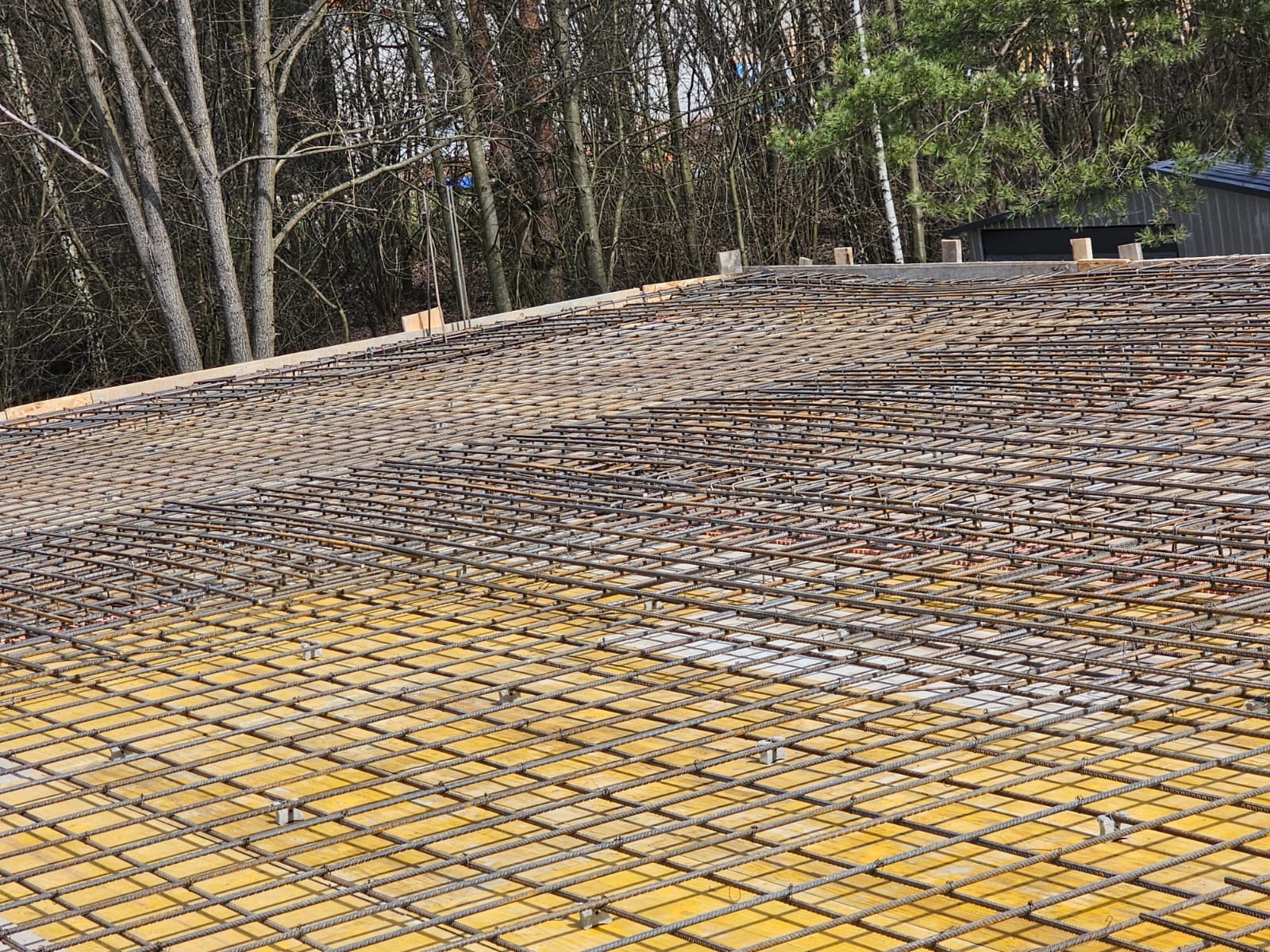 Zbrojenie stropu na deskowaniu, przygotowane do zalania betonem, widok z góry na tle drzew