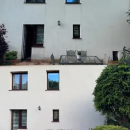 Jasna elewacja dwupiętrowego domu z oknami i balkonem. Widoczne ślady zabrudzeń, sugerujące potrzebę odświeżenia.