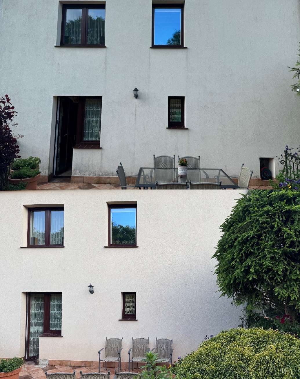 Jasna elewacja dwupiętrowego domu z oknami i balkonem. Widoczne ślady zabrudzeń, sugerujące potrzebę odświeżenia.