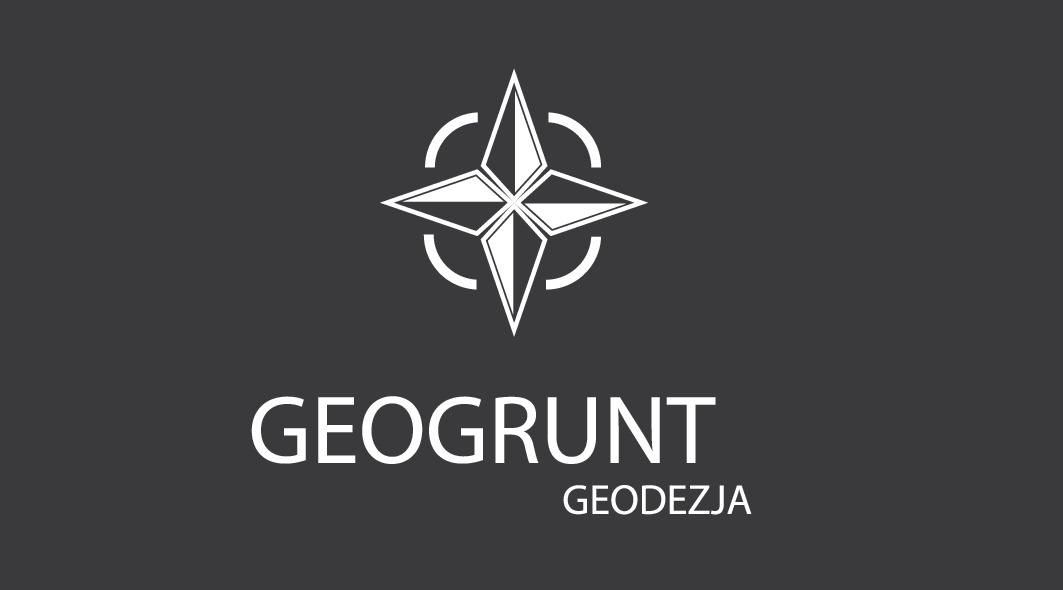 Logo firmy Geogrunt Geodezja: stylizowana biała róża wiatrów otoczona fragmentami okręgu, nazwa firmy i branża poniżej, na ciemnoszarym tle.