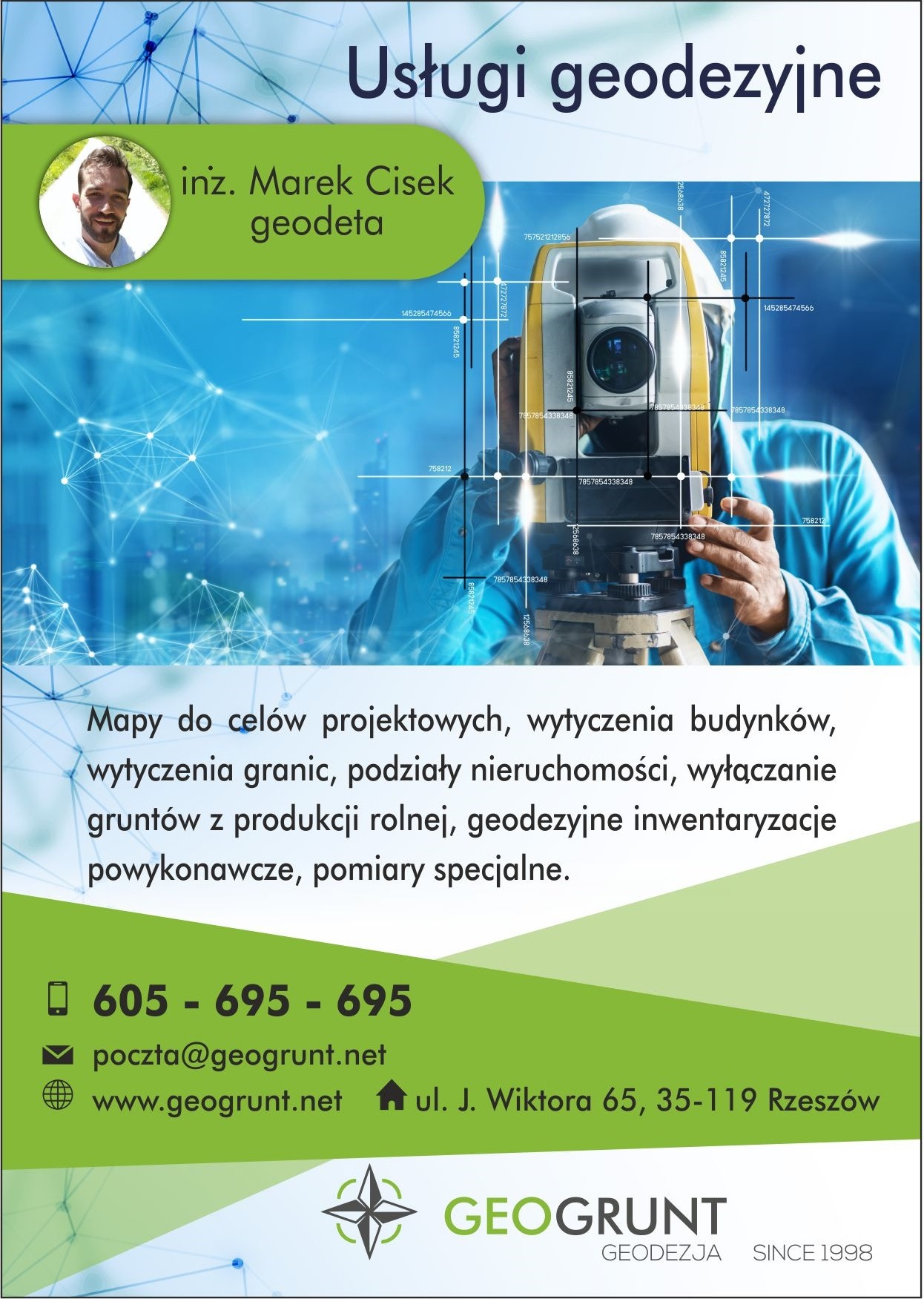 Grafika reklamowa usług geodezyjnych z portretem inżyniera Marka Ciska, zdjęciem teodolitu z naniesionymi cyfrowo liniami pomiarowymi i danymi kontaktowymi firmy Geogrunt.